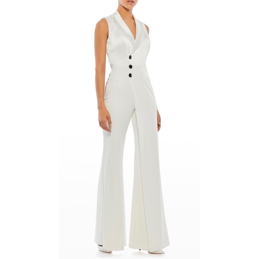 NWT Ieena‎ by Mac Duggal 26603 White Tuxedo Jumpsuit Size 2 Satin Wide Leg